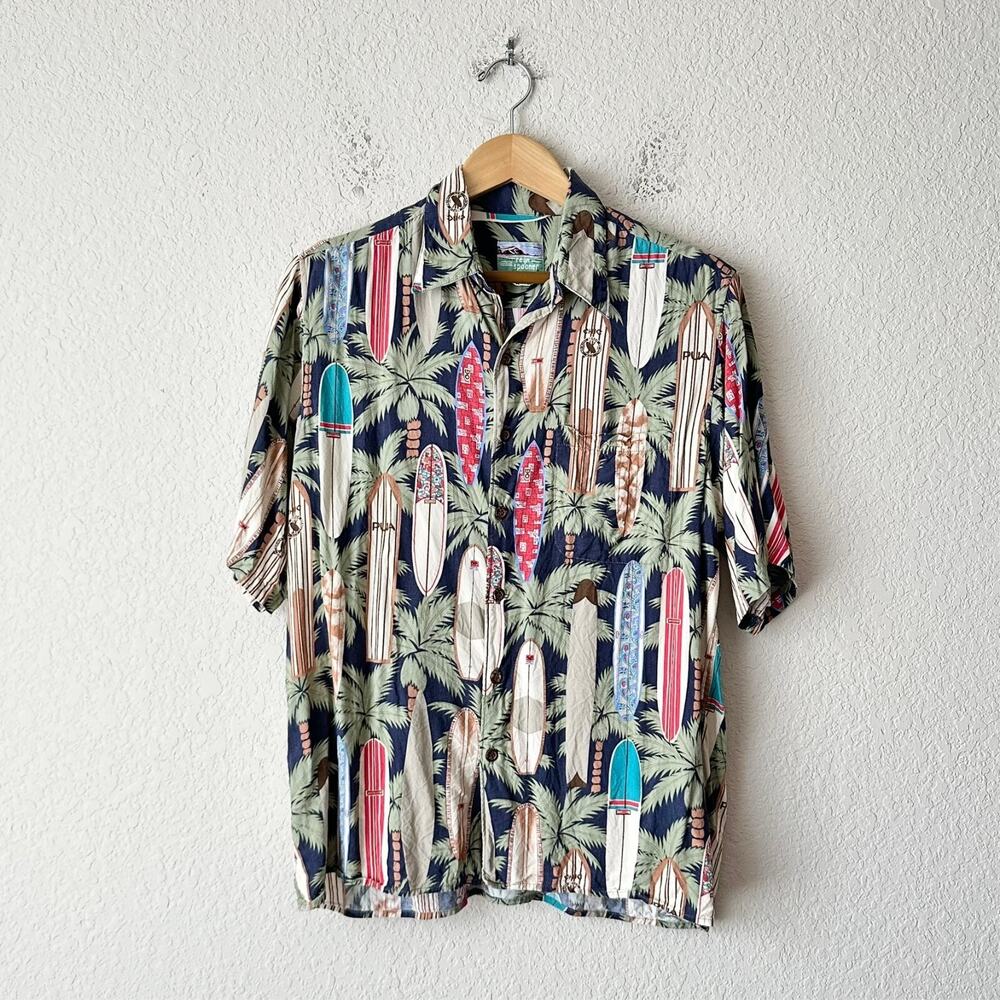 Vintage REY SPOONER Surfboard Shirt Multi Button Up Hawaiian Beach Aloha